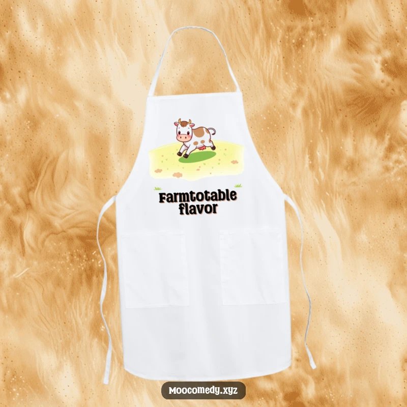 Funny cheerful cow character skipping across a green pasture on an apron, designed for kitchen fun.