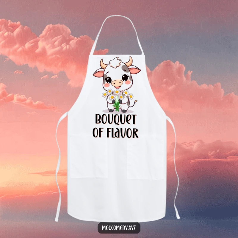 Funny apron with a smiling cow presenting a bouquet of daisies, ideal for a happy and cheerful kitchen.