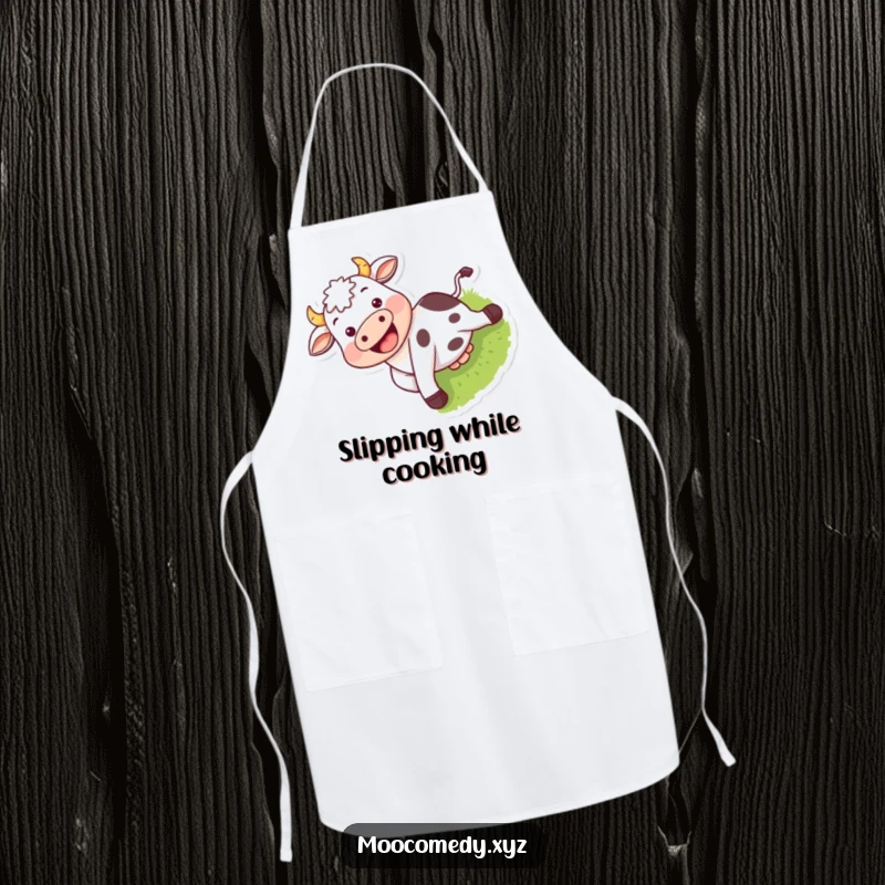 Funny apron with a grinning cow character sliding down a grassy incline, ready for kitchen duty.