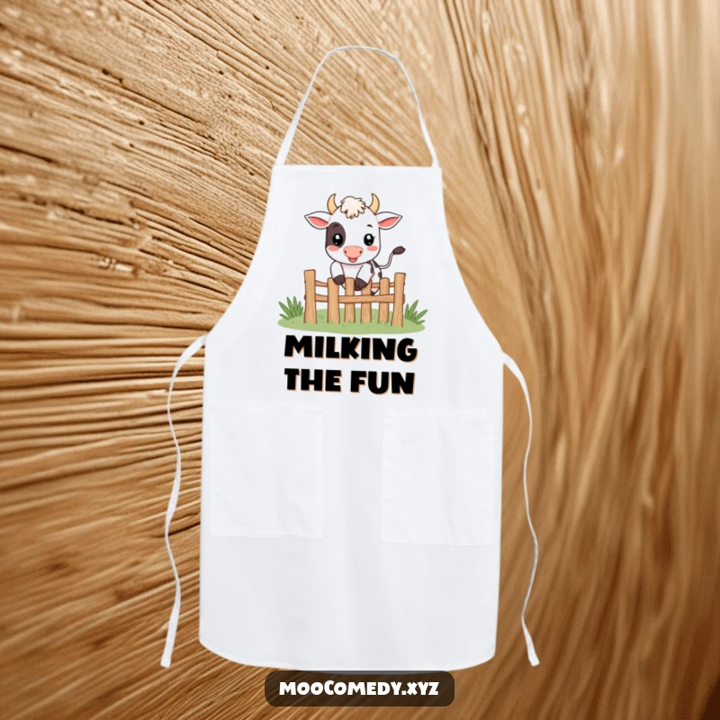 Funny cute smiling cow character happily jumping over a tiny fence on an apron.