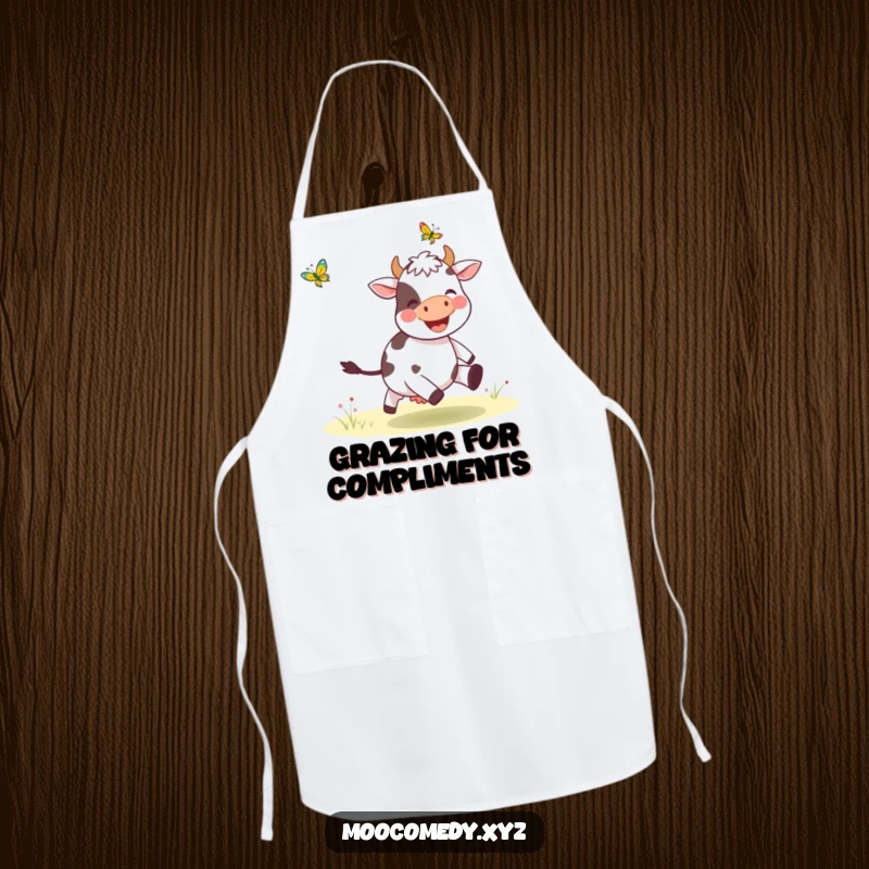 Funny apron featuring a smiling cow character enthusiastically chasing a butterfly, perfect for a cheerful cook.