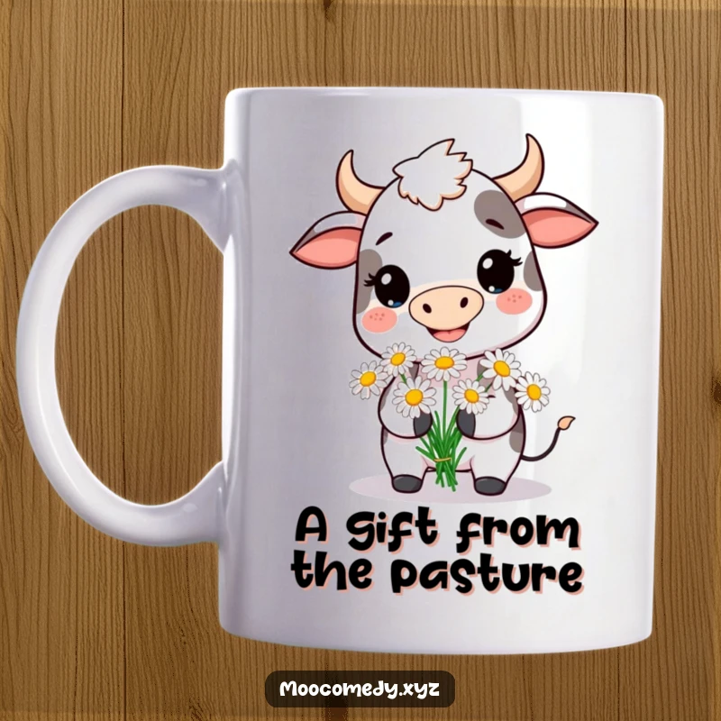 Funny mug featuring a smiling cow character presenting a lovely bouquet of daisies, a sweet and humorous gesture.