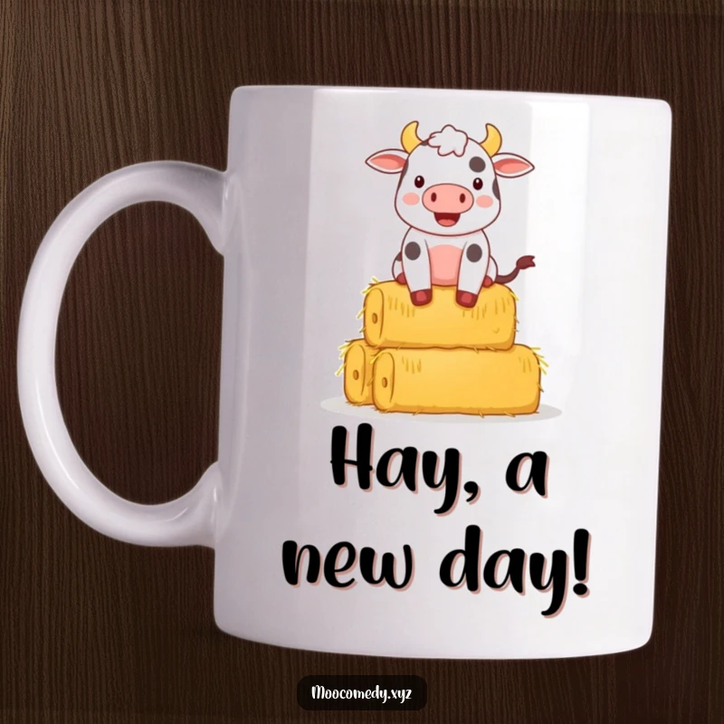 Funny mug showing a happy cow character struggling comically to balance a tall stack of hay bales.