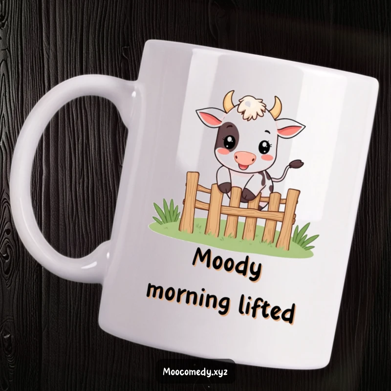 Funny cute smiling cow character happily jumping over a tiny fence on a mug.