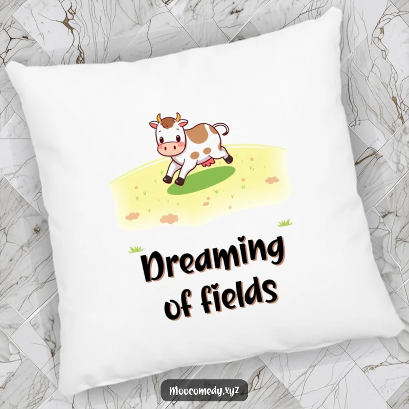 Funny cheerful cow character skipping across a green pasture on a soft pillow, adding comfort.