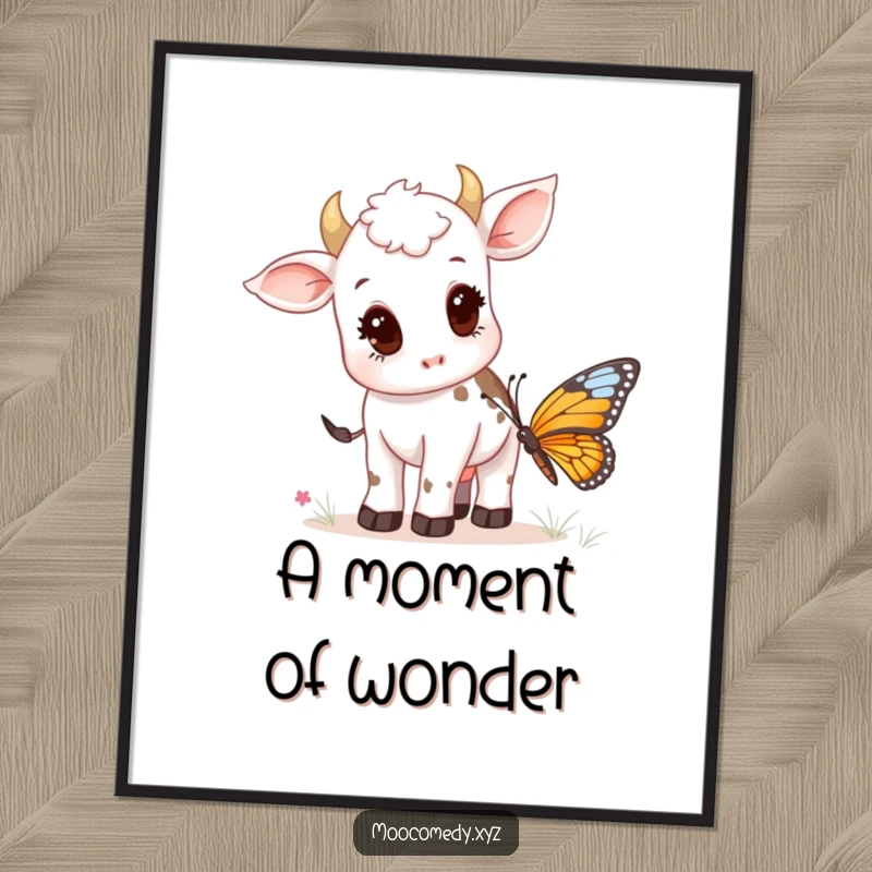 Funny digital art print of a curious cow calf looking with wonder at a beautiful butterfly.