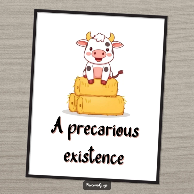 Funny digital art print of a happy cow character struggling to balance a very tall stack of hay bales.