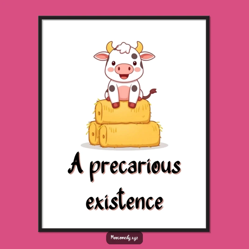 Funny Cow Balancing Hay Digital Art: Hilarious Farm Humor for Your Walls