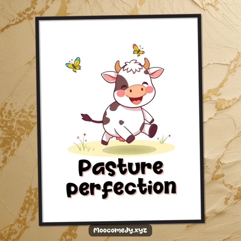 Funny digital art print of a joyful cow character gleefully chasing a butterfly, bringing whimsical charm indoors.