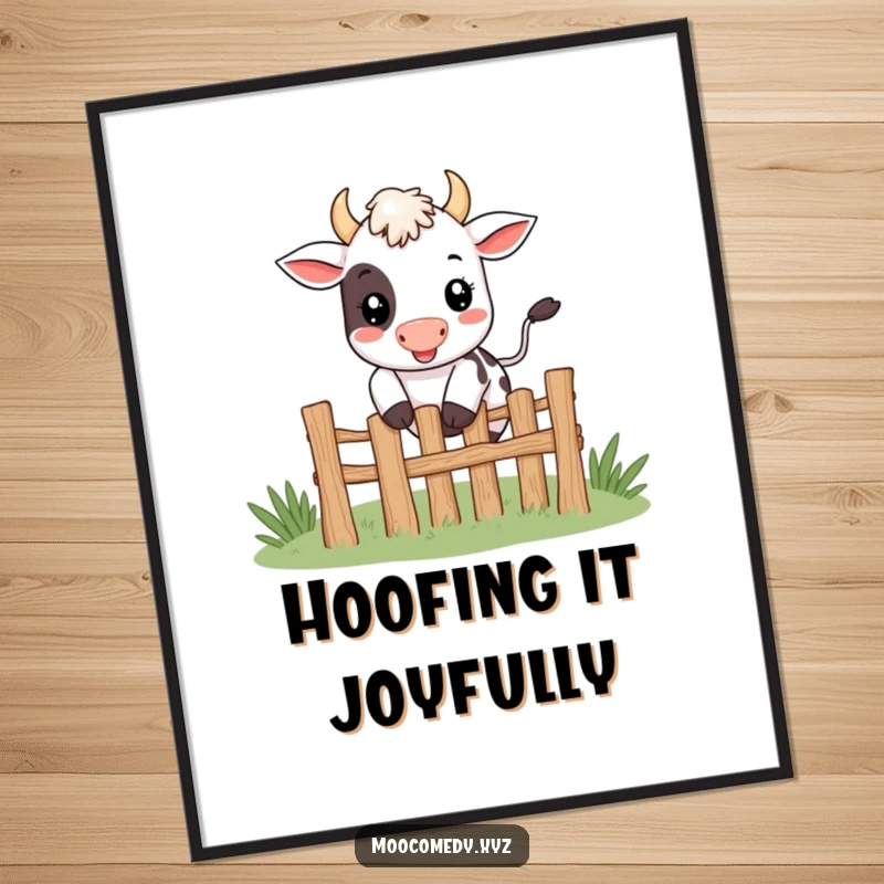Funny cute smiling cow character happily jumping over a tiny fence as a digital art print.