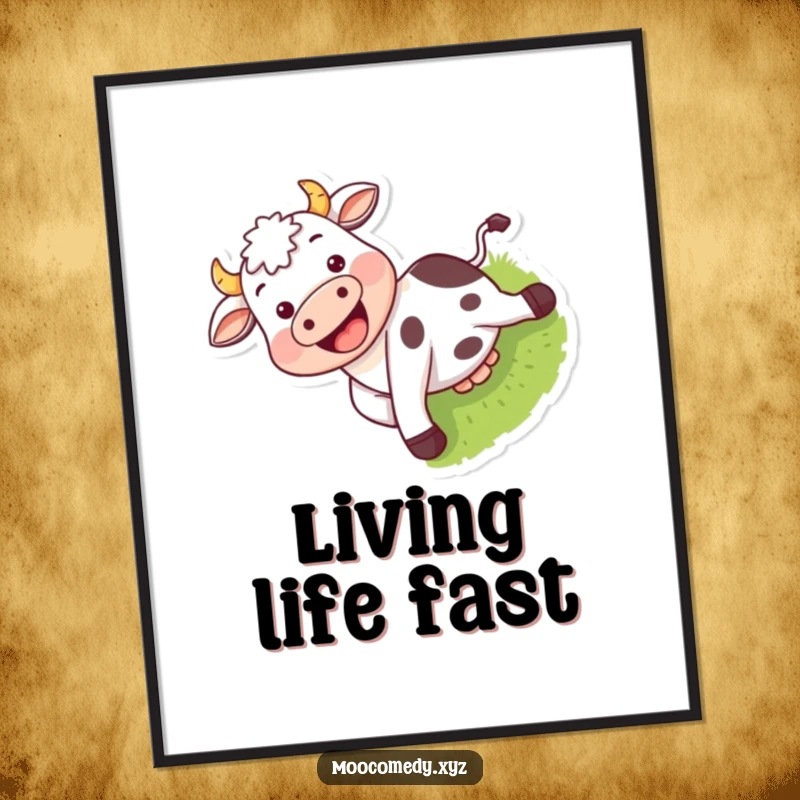 Funny digital art print of a happy cow with a big grin sliding down a grassy hill.