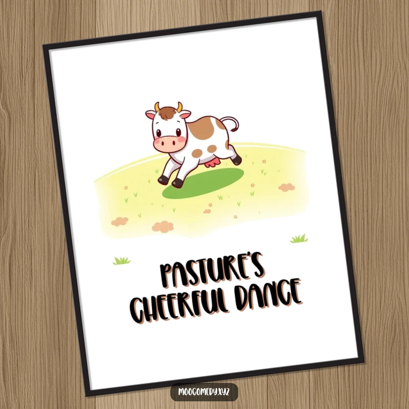 Funny cheerful cow character skipping across a green pasture as digital art, full of joy.