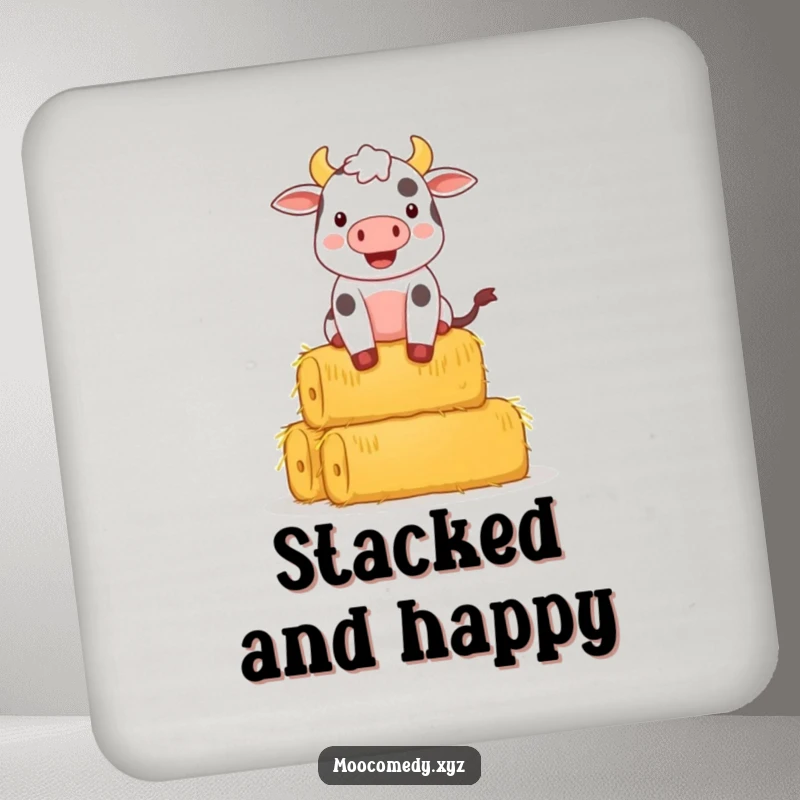 Funny drink coasters showing a happy cow character attempting to balance a tall stack of hay bales.