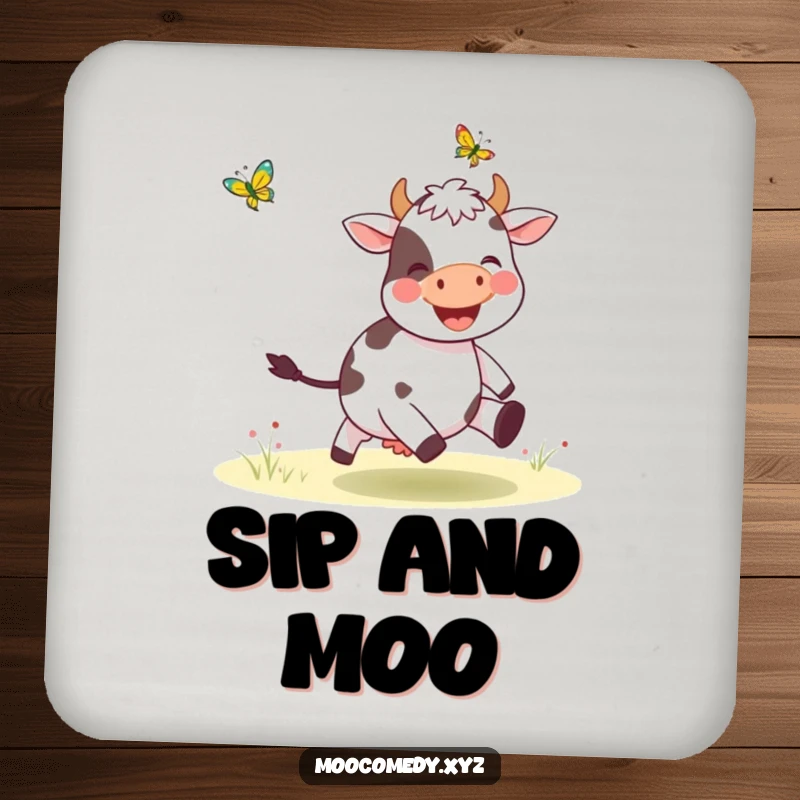 Funny drink coaster with a happy cow character chasing a butterfly, adding humor to table settings.