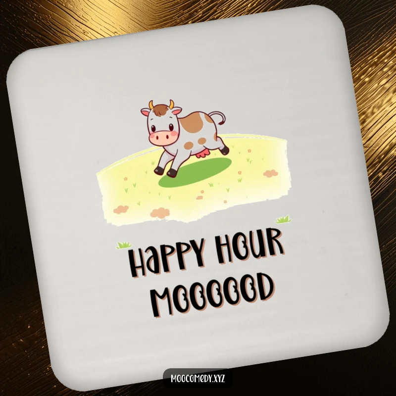 Funny cheerful cow character skipping across a green pasture on a drink coaster, safeguarding surfaces.