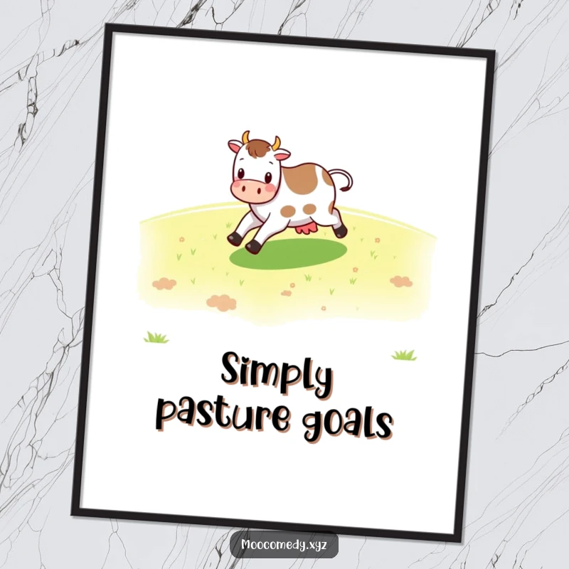Funny cheerful cow character skipping across a green pasture on a poster, embodying country charm.