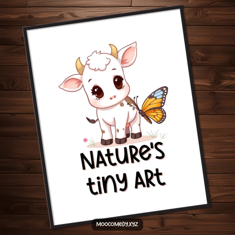Funny poster depicting a small, curious cow calf intently watching a butterfly in a meadow setting.
