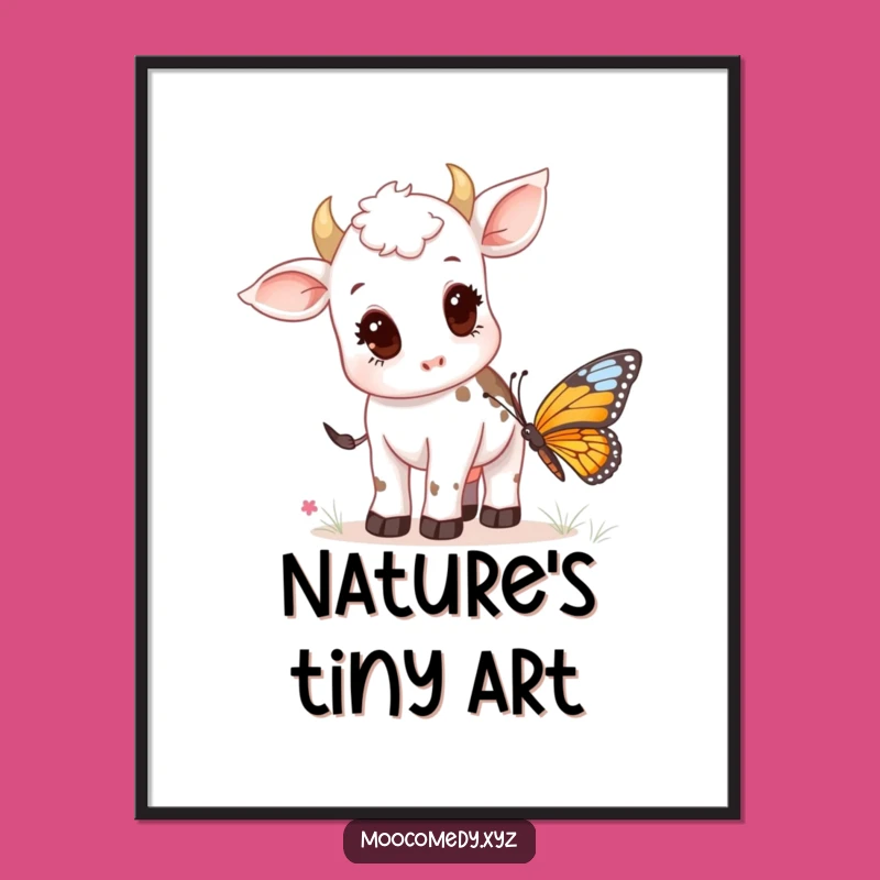 Funny Cow Calf & Butterfly Poster: Charming Farm Animal Art for Your Walls
