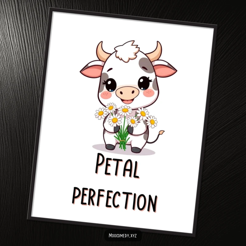 Funny poster of a smiling cow offering daisies, perfect for adding a touch of nature-inspired humor.