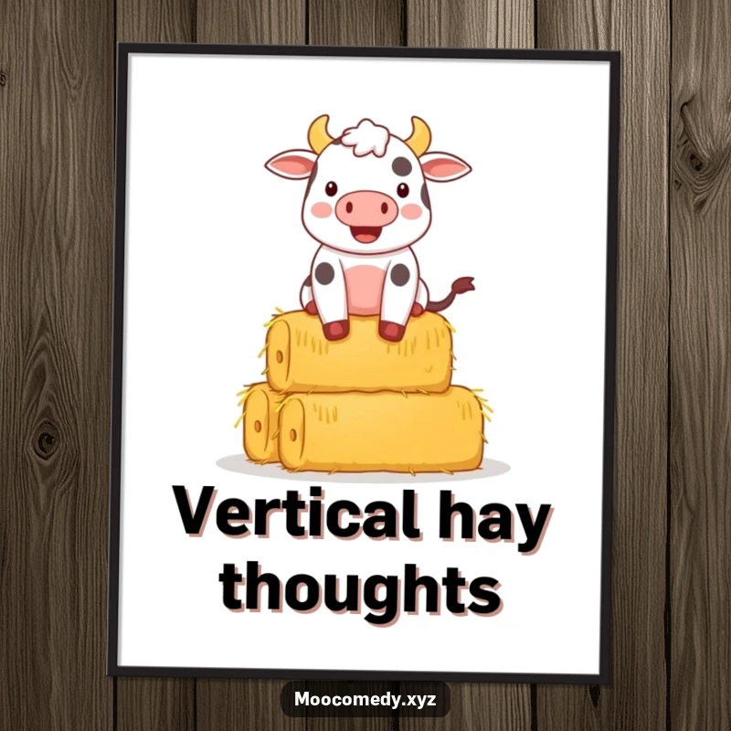 Funny poster featuring a determined cow character attempting to balance a precarious stack of hay bales.