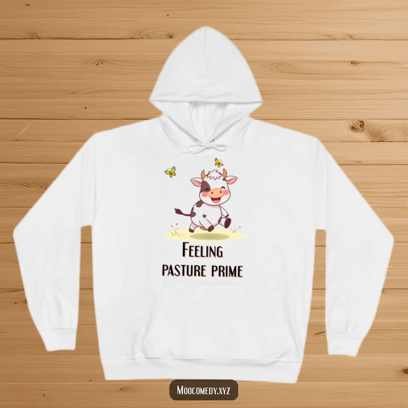 Funny hoodie depicting a smiling cow cheerfully chasing a delicate butterfly, ideal for relaxed, happy vibes.