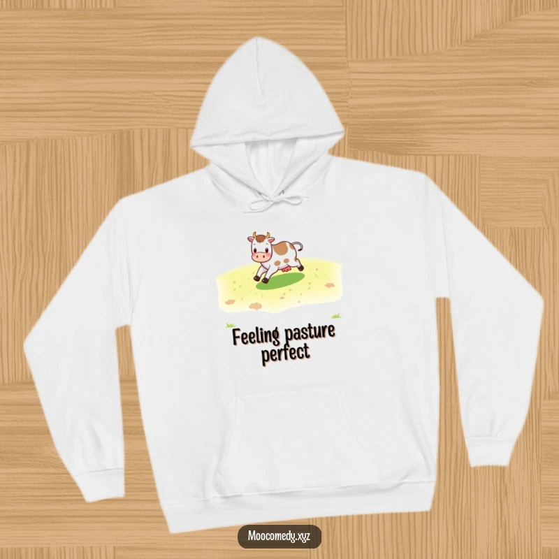 Funny cheerful cow character skipping across a green pasture on a hoodie, perfect for cozy days.