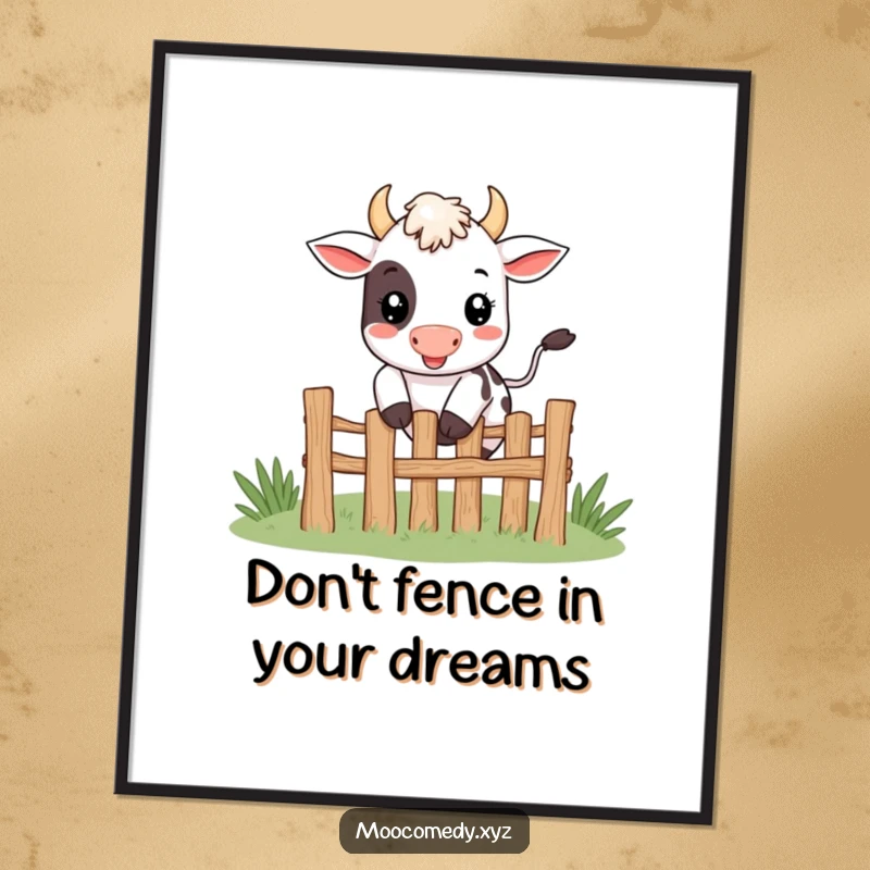 Funny Free Printable wall art: a cute, smiling cow character joyfully jumping over a tiny fence with a happy expression.