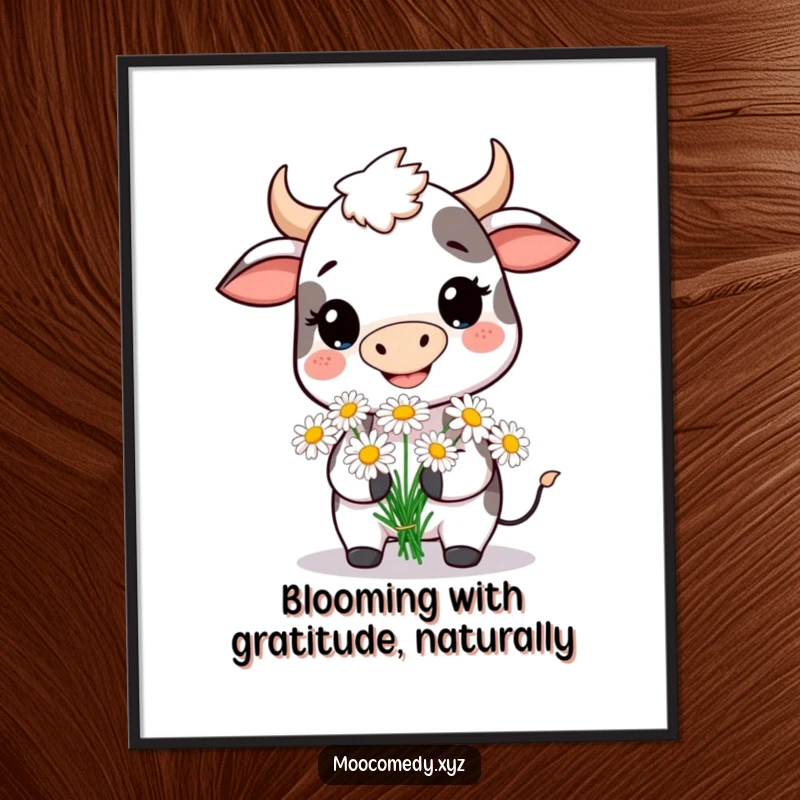 Funny Free Printable Wall Art: A smiling cow cheerfully presenting a bouquet of daisies, perfect downloadable home decor.
