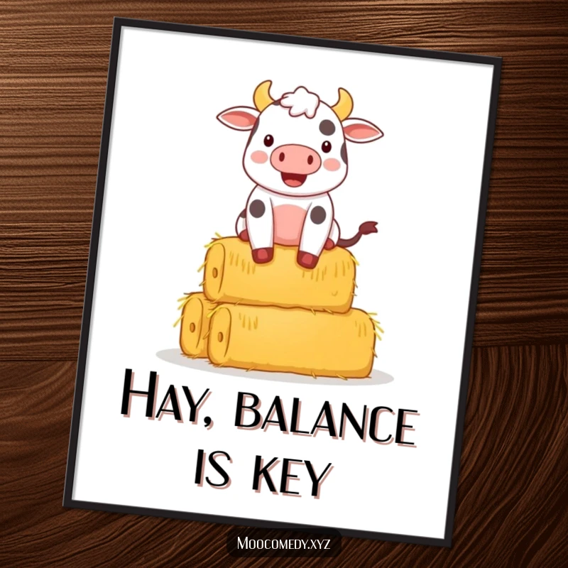 Funny Free Printable Wall Art: A comical cow character attempting to balance a very tall pile of hay bales.