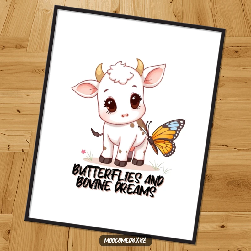 Funny Free Printable Wall Art depicting a curious young cow calf fascinated by a delicate, colorful butterfly.