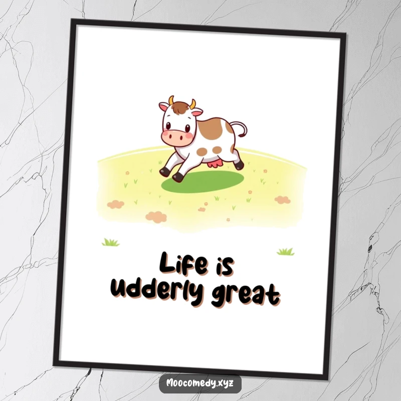 Funny Free Printable Wall Art: A cheerful cow character happily skipping across a vibrant green pasture.