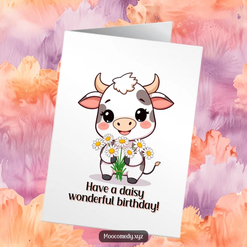 Funny Free Printable Birthday Card: Smiling cow presenting a bouquet of daisies, ideal for a humorous downloadable greeting.