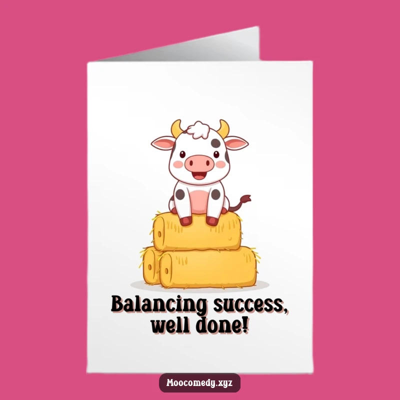 Free Printable Congrats Card: Cow Balancing Hay Bales Downloadable