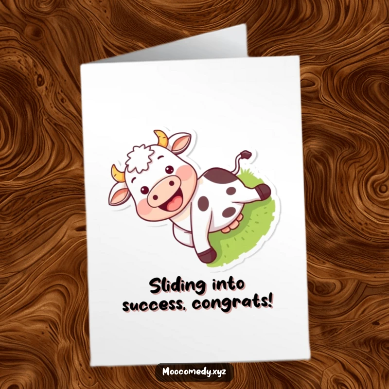 Funny Free Printable Congrats Card: A gleeful cow glides down a grassy slope, beaming with happiness.