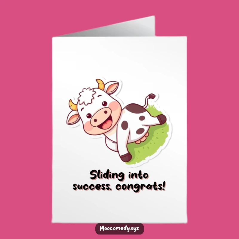 Free Printable Congrats Card: Playful Cow Sliding Downhill Downloadable