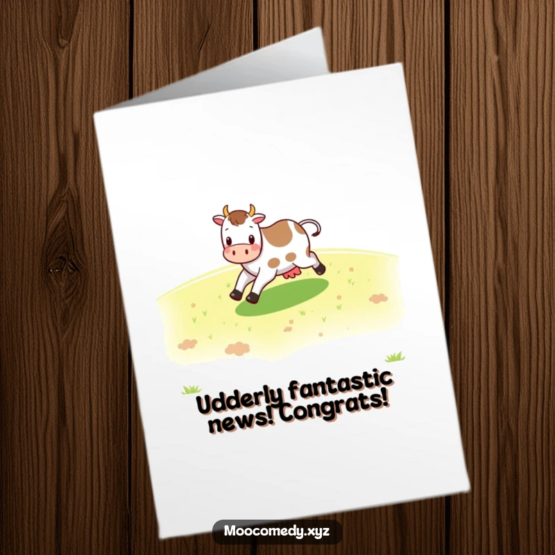 Funny Free Printable Congrats Card: A cheerful cow character skipping across a green pasture in celebration.