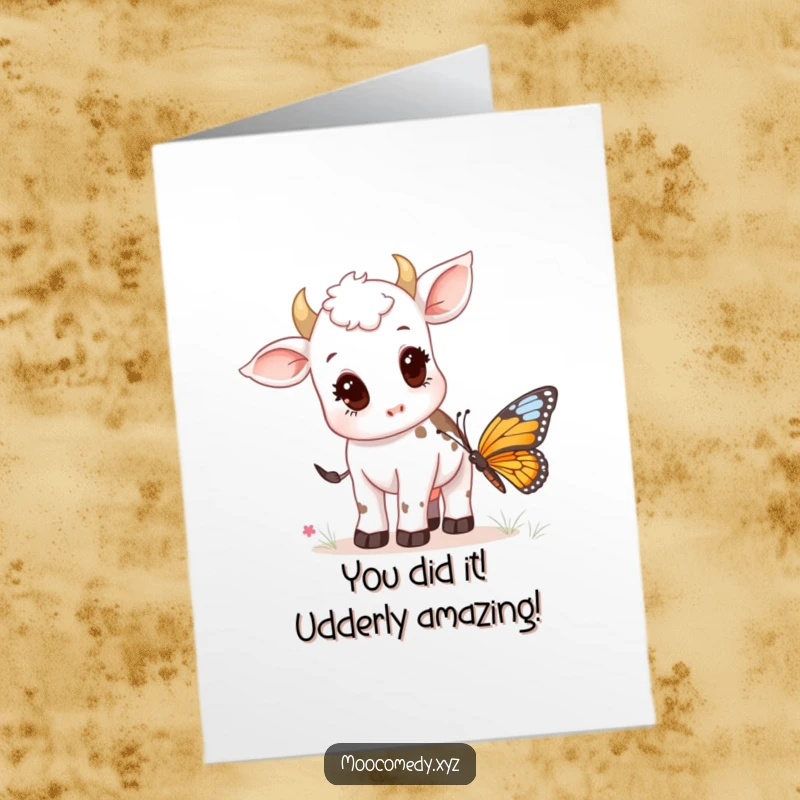 Funny Free Printable Congrats Card: A wide-eyed cow calf curiously investigates a beautiful, colorful butterfly.