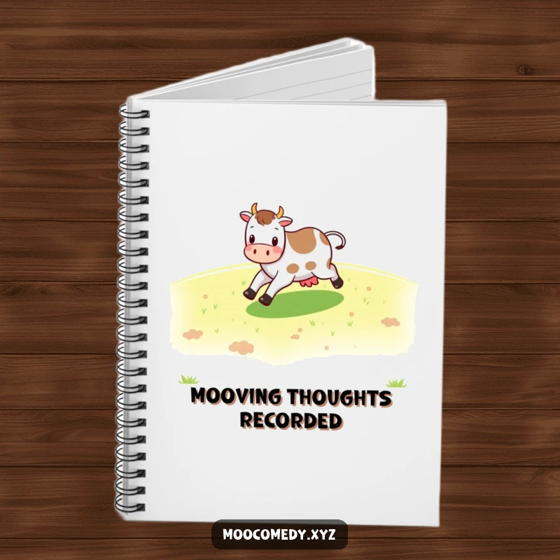 Funny cheerful cow character skipping across a green pasture on a notebook, perfect for creative thoughts.