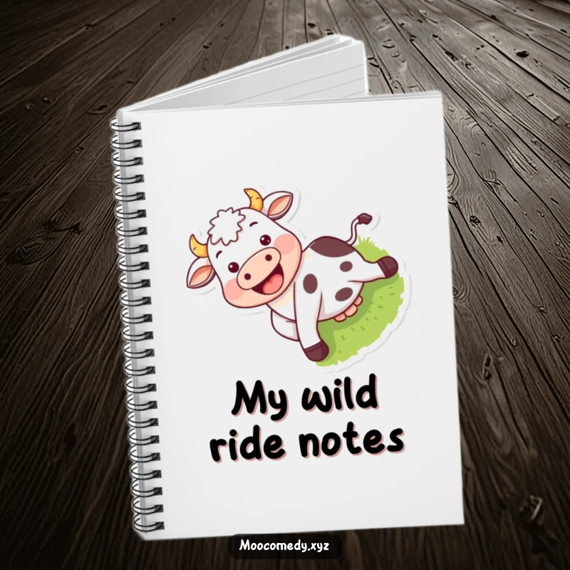 Funny notebook cover with a grinning cow character gleefully sliding down a grassy slope.