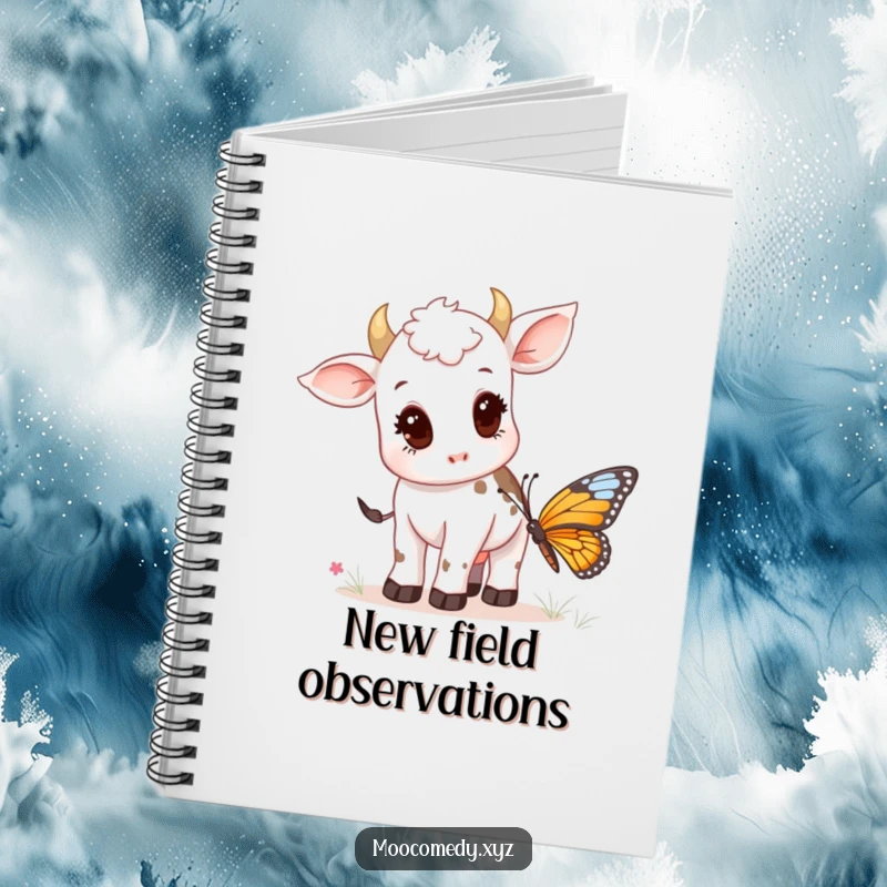 Funny notebook cover with a curious cow calf observing a delicate butterfly in a meadow.