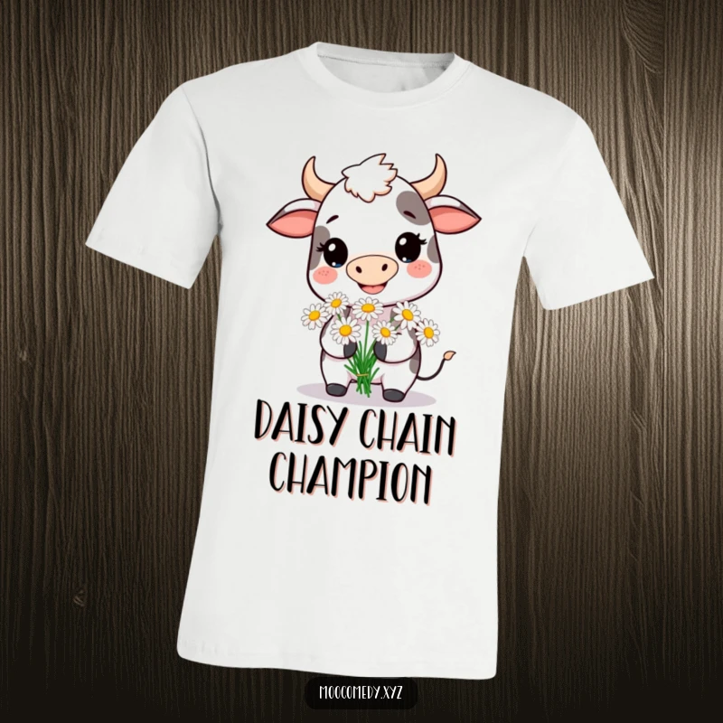 Funny t-shirt showcasing a friendly cow offering a bunch of daisies, radiating warmth and happiness.