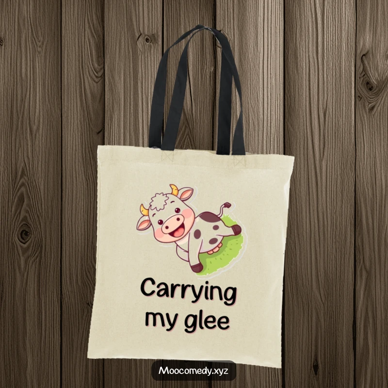 Funny tote bag with a grinning cow character gleefully sliding down a grassy incline.