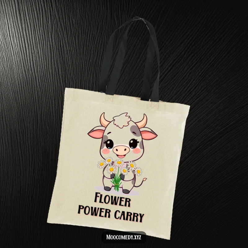 Funny tote bag with a smiling cow presenting daisies, a charming and practical accessory for flower lovers.