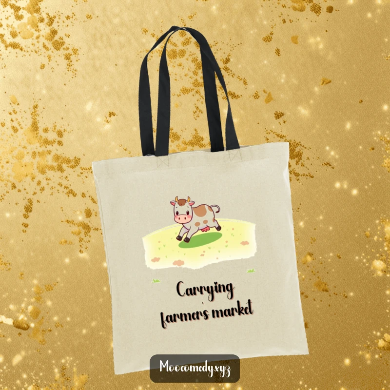 Funny cheerful cow character skipping across a green pasture on a tote bag, perfect for carrying.